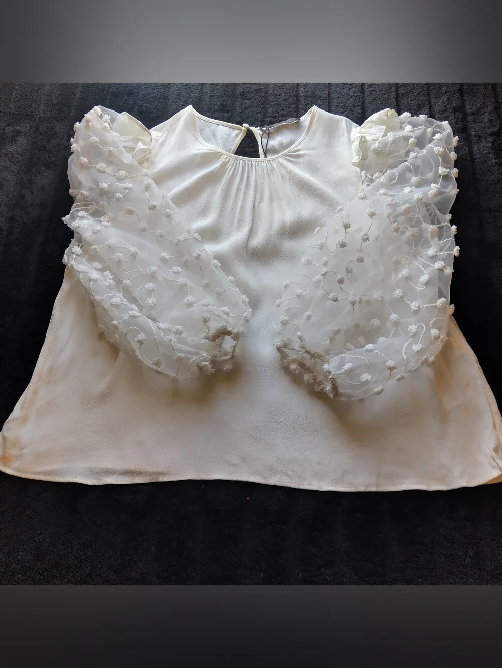 Zara Women's Cream Blouse Floral Sheer Puff Sleeves 100% Viscose Size L